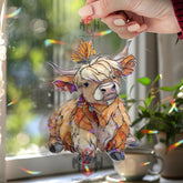 Highland Cow Acrylic Suncatcher, Cute Calf Window Decor, Stained Glass Style Farm Animal Art, Butterfly Gift for Country Home